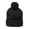 Embroidered Pom-Pom Knit Cap — Cozy Winter Beanie with Small Red Triangle Patch One size Black
