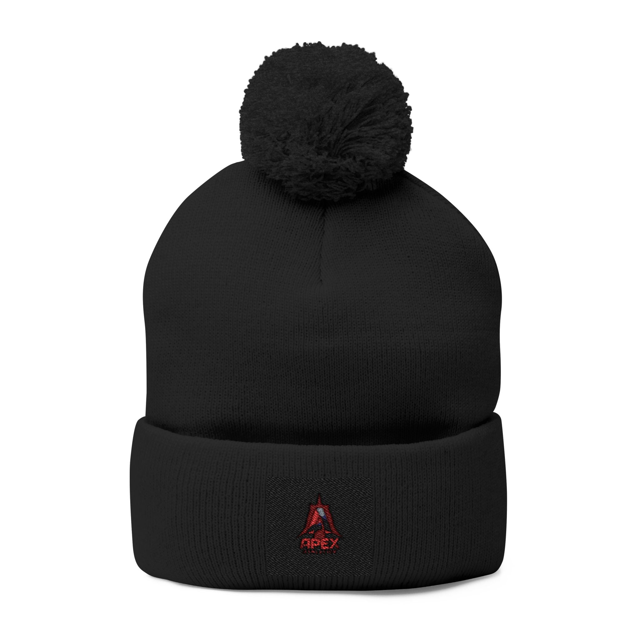 Embroidered Pom-Pom Knit Cap — Cozy Winter Beanie with Small Red Triangle Patch