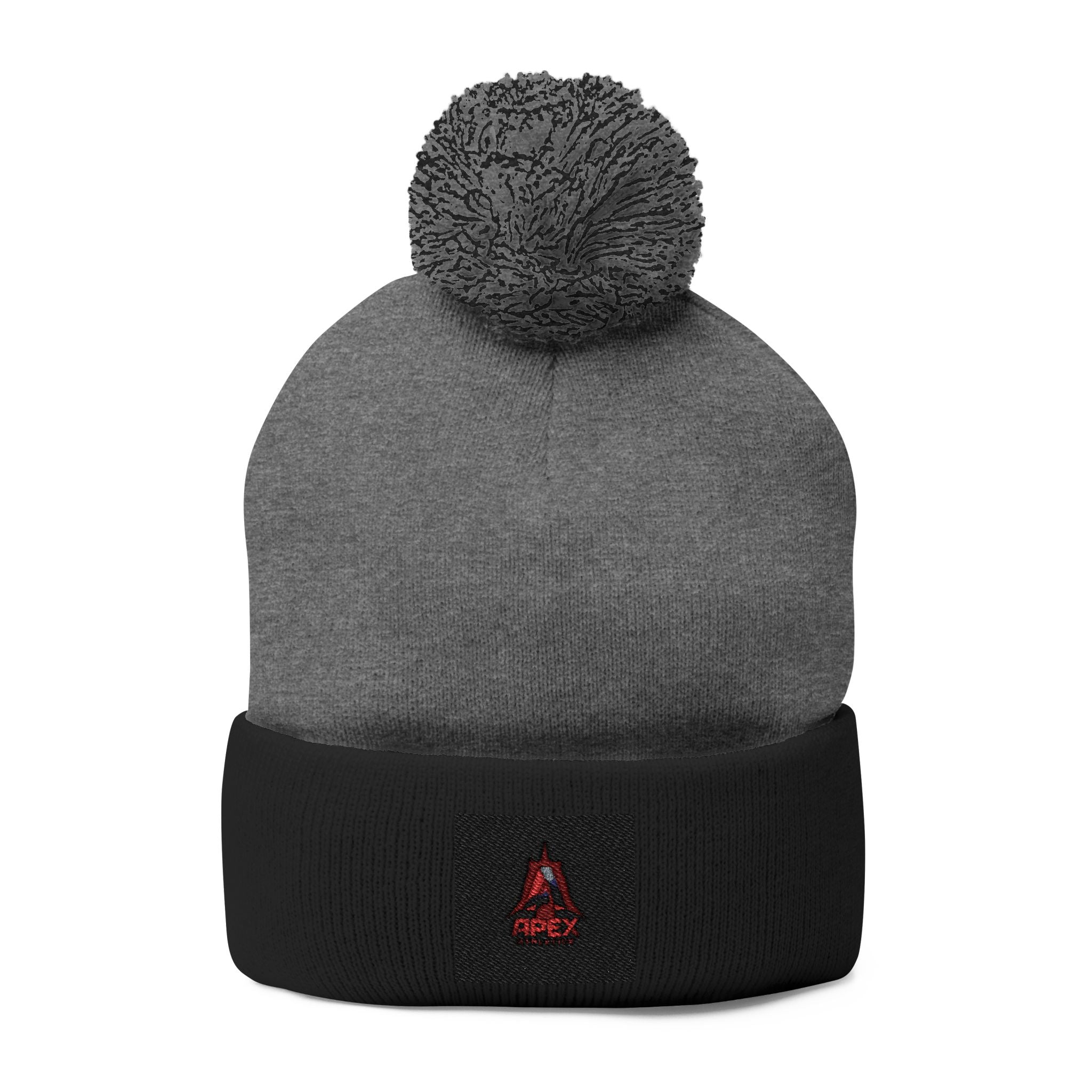 Embroidered Pom-Pom Knit Cap — Cozy Winter Beanie with Small Red Triangle Patch